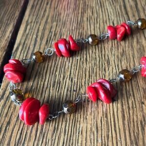 Vintage 925 Sterling Silver Chunky Red Coral and Brown Beaded Necklace C3